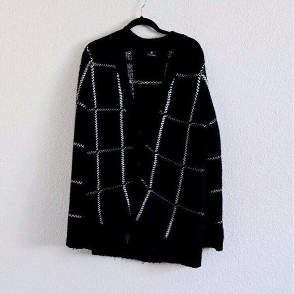 Anine Bing Kurt Black White Plaid Cardigan Merino Wool Blend Size L - Picture 7 of 7